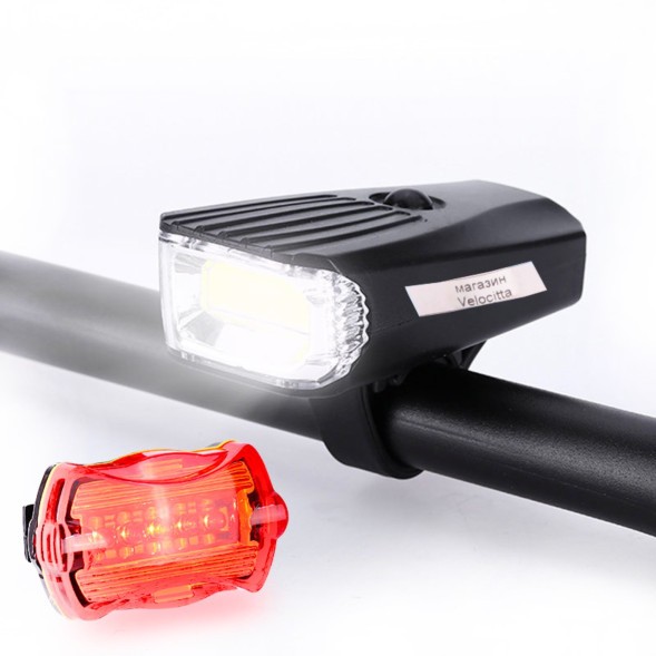 Фонари велосипедные KMS-A08, комплект (передний+задний), 5W, 8 LED, 3 режима работы, черный