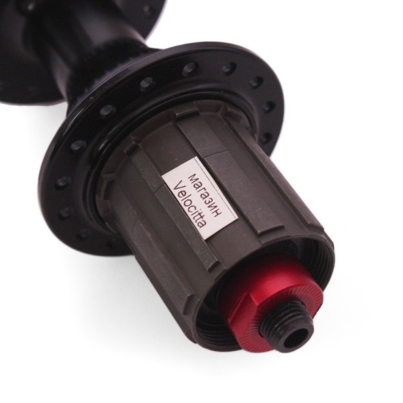 Втулка задняя Wang Zheng WZ-A285RBQ-32 black, ROAD, ось M10x130x140 мм, под кассету 8-11скоростей, на эксцентрике, 32 отверстия, алюминиевая, промподшипники, красно-черная