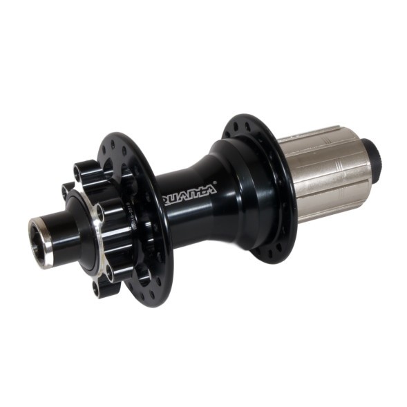 Втулка задняя Quanta KT-XF4R, DFREERIDE/GRAVE, ось полая 19х142 мм, алюминиевая, под Disk 6 болтов, под кассету 11 ск., без эксцентрика, 32H, промподшипники, черная