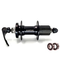 Втулка задняя Shunfeng SF-A217R black, алюмин., под диск 6 болтов, под кассету 8/10 ск., с эксцентриком, 36H, ось 3/8"х135x145 мм, на промподшип., б/уп.