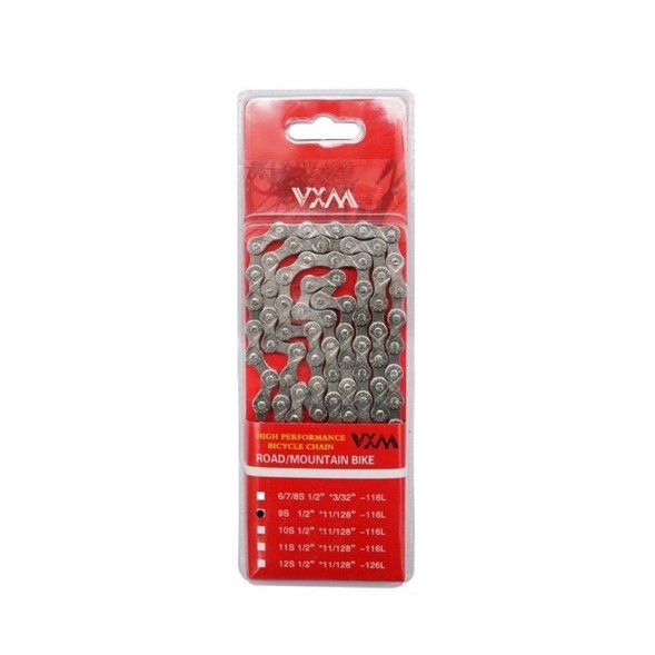 Велоцепь VXM V-9S, 9 скор., 116 звеньев, 1/2&amp;quot;x 11/128&amp;quot;, с замком, Chrome-Plated, инд. упаковка