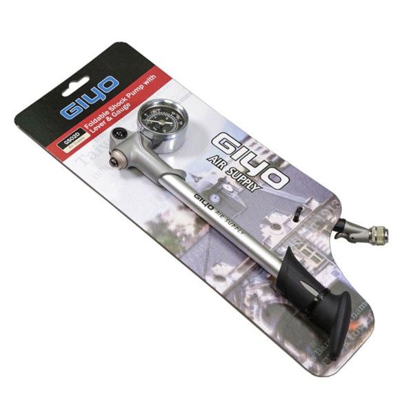 Насос Giyo GS-02D, для вилок и амортизаторов, с манометром, кнопка для спуска воздуха, max 290 psi/20 bar, длина 24 см, Alu/пластик, серебристый