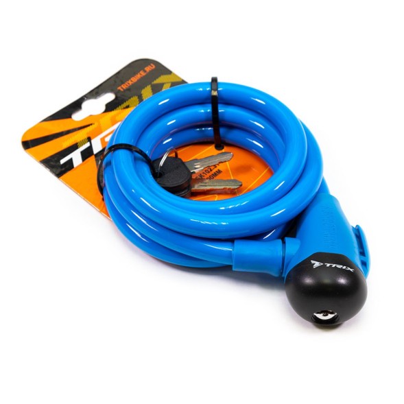 Замок велосипедный Trix GK102.314-BLUE, трос стальной, с ключами 12×1500 мм, в пластиковой оболочке, блистер