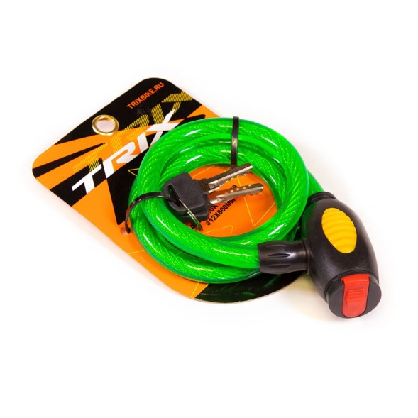 Замок велосипедный Trix GK101.110B-GREEN, трос стальной, с ключами, 12×800 мм, в оболочке пластиковой, блистер