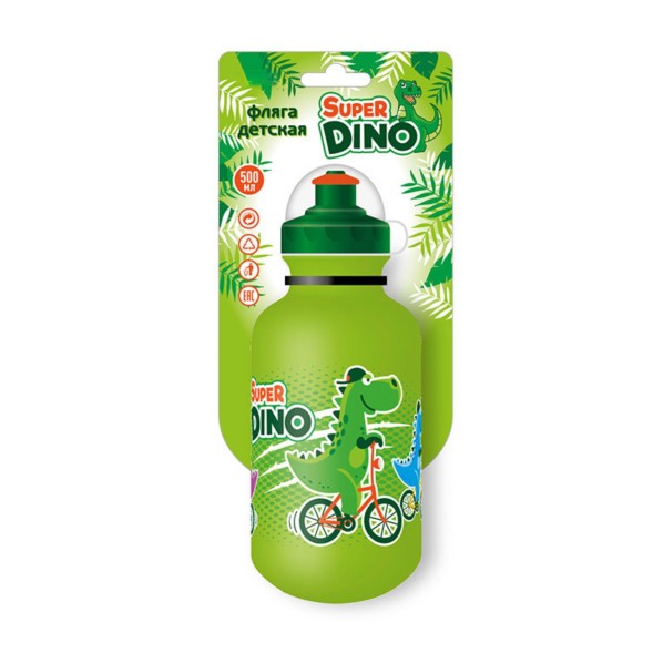 Фляга для велосипеда BTTX501SD Super Dino, детская, 500 мл, защитная крышка, LDPE, зеленая