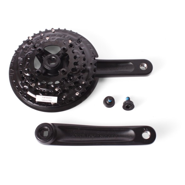 Система велосипедная Prowheel SUOLO-901P, шатун 170 мм, 40/30/22T, SQR, резьба 9/16, с болтами, алюминий, Chainline: 50, съемные звезды 96/64 мм, Fat, черный