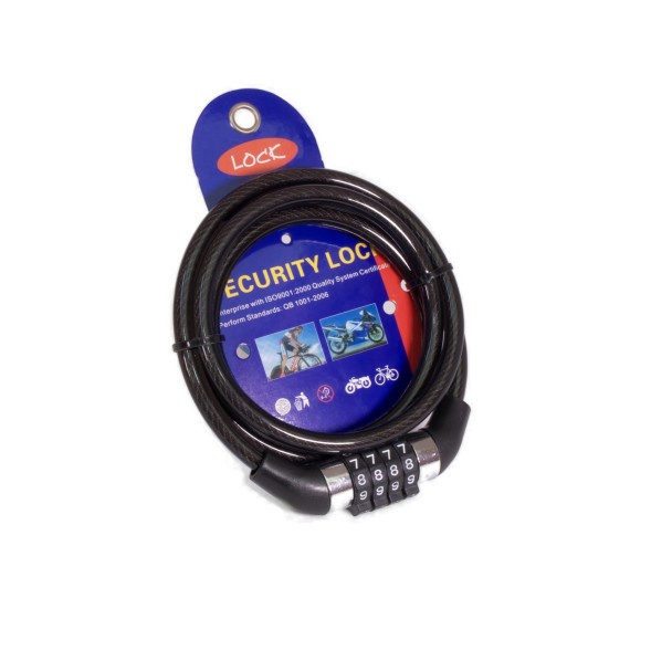 Велозамок Lock ZX2212-8120BK, трос стальной, кодовый, 8х1200 мм, в оболочке из пластика, черный