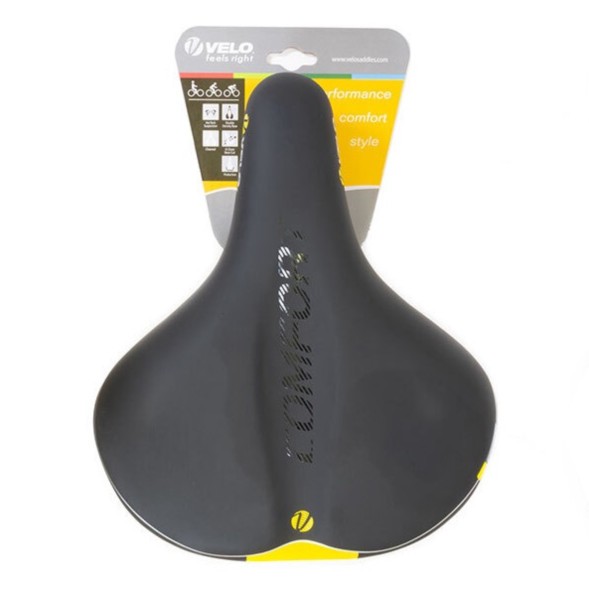 Седло Velo SD-VL-8127E-0-BKY, 270x222 мм, гелевое, эластомерное, желтая полоса, комфорт, блистер