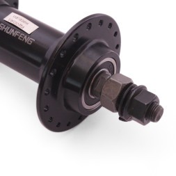 Велосипедная втулка Shunfeng SF-A214F black, передняя, для FAT BIKE, ось 3/8"х135x175 мм, под диск 6 болтов, на гайках, 36H, алюминиевая, промподшипники, Box