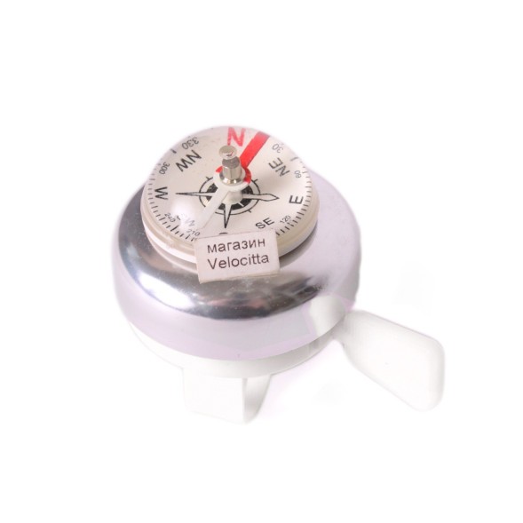 Звонок велосипедный, с компасом, AL/пл, большой, серебристый