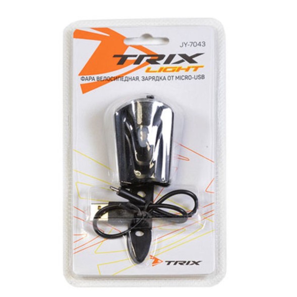 Велофара Trix JY-7043, передняя, 1 суперъяркий диод 0.5W, 50 lm, 3 режима, на руль, индикатор зарядки, аккумулятор, micro USB, Black