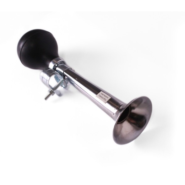 Клаксон велосипедный Joy Kie 86B-01 (саксофон), гнутый, один рожок, Ø 73х180 мм, резиновая груша, хромированный