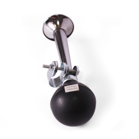 Клаксон велосипедный Joy Kie 86B-01 (саксофон), гнутый, один рожок, Ø 73х180 мм, резиновая груша, хромированный