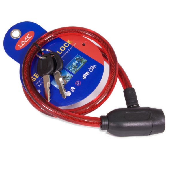 Замок велосипедный Lock ZX1213-12800RD, с ключами, трос стальной, 12х800 мм, в оболочке, Red