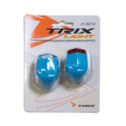 Фонари Trix JY-267-D dark/blue, передний/задний, 2 суперъярких диода, 3 режима, крепеж руль/подседельный штырь, батарейки в комплекте, силикон, блистер