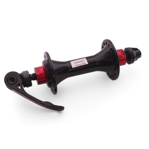 Велосипедная втулка WZ-A285FBQ-32 black, передняя, ROAD, ALU, под V-br, на эксцентрике, 32 отверстия, ось M9х100x108 мм, с промподшипником, красно-черная