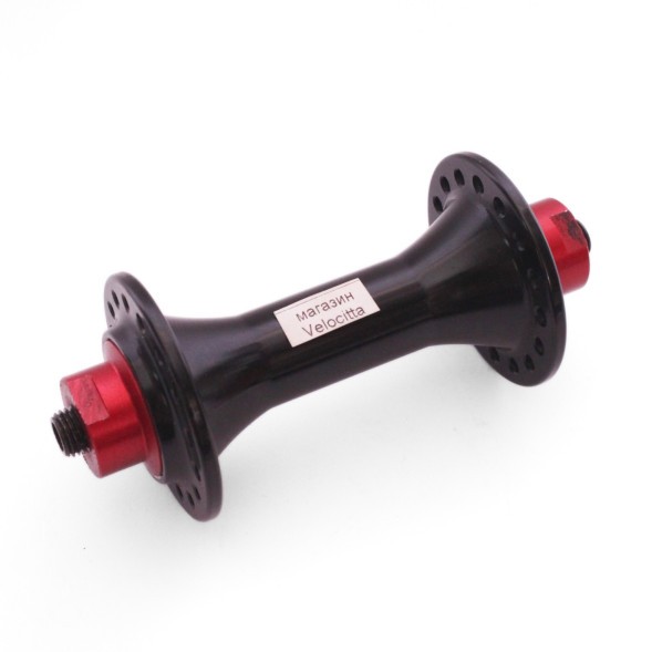 Велосипедная втулка WZ-A285FBQ-32 black, передняя, ROAD, ALU, под V-br, на эксцентрике, 32 отверстия, ось M9х100x108 мм, с промподшипником, красно-черная