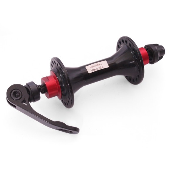 Втулка передняя Wang Zheng WZ-A285FBQ black, ROAD, алюминиевая, под V-брейк, на эксцентрике, 36 отверстий, ось M9х100x108 мм, промподшипник, красно-черная