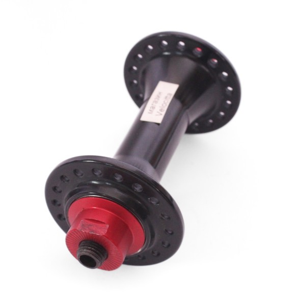 Втулка передняя Wang Zheng WZ-A285FBQ black, ROAD, алюминиевая, под V-брейк, на эксцентрике, 36 отверстий, ось M9х100x108 мм, промподшипник, красно-черная