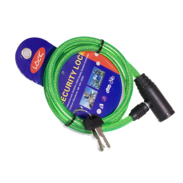 Велозамок Lock ZX2102-8100GR, 8×1000 мм, трос стальной, 2 ключа, в пластиковой оболочке, Green