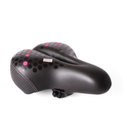 Седло велосипедное с отверстием, 200x260 мм, пружины закрытого типа, со встроенным габаритом (2 режима), с замком, черно-розовый