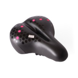 Седло велосипедное с отверстием, 200x260 мм, пружины закрытого типа, со встроенным габаритом (2 режима), с замком, черно-розовый