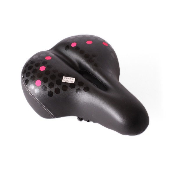 Седло велосипедное с отверстием, 200x260 мм, пружины закрытого типа, со встроенным габаритом (2 режима), с замком, черно-розовый
