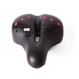 Седло велосипедное с отверстием, 200x260 мм, пружины закрытого типа, со встроенным габаритом (2 режима), с замком, черно-розовый