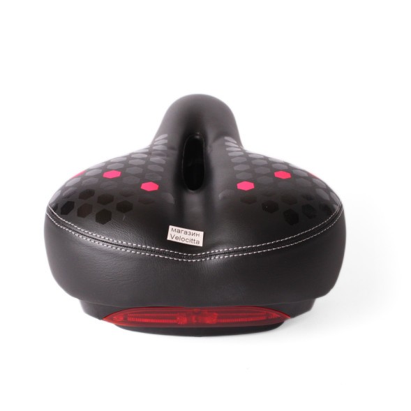 Седло велосипедное с отверстием, 200x260 мм, пружины закрытого типа, со встроенным габаритом (2 режима), с замком, черно-розовый