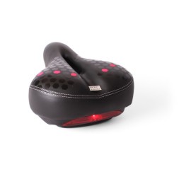 Седло велосипедное с отверстием, 200x260 мм, пружины закрытого типа, со встроенным габаритом (2 режима), с замком, черно-розовый