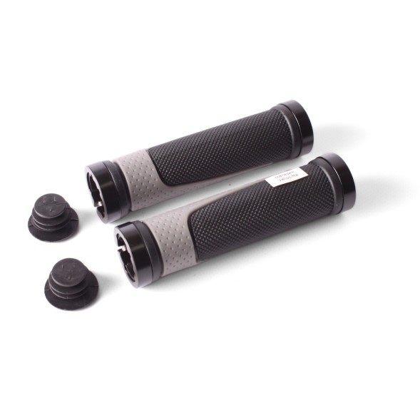 Грипсы велосипедные XH-G56GR, 130 мм, с зажимами, торцевой фиксатор, с серыми алюм. кольцами