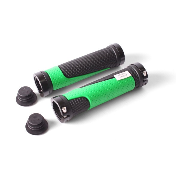 Ручки на руль для велосипеда XH-G56, 130 мм, с зажимами, с заглушками,с зелеными алюм. кольцами