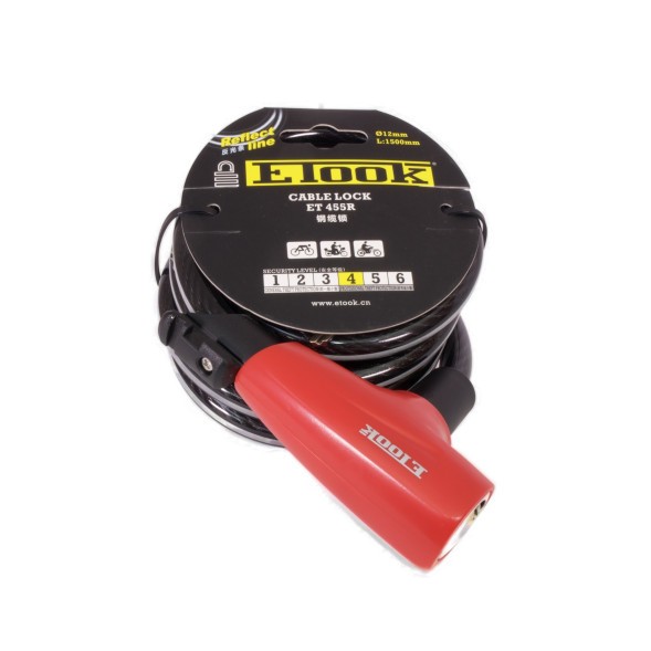 Замок велосипедный ETook ET455R(red), трос, с ключами, 12x1500 мм, уровень защиты 3, в оплётке, блистер