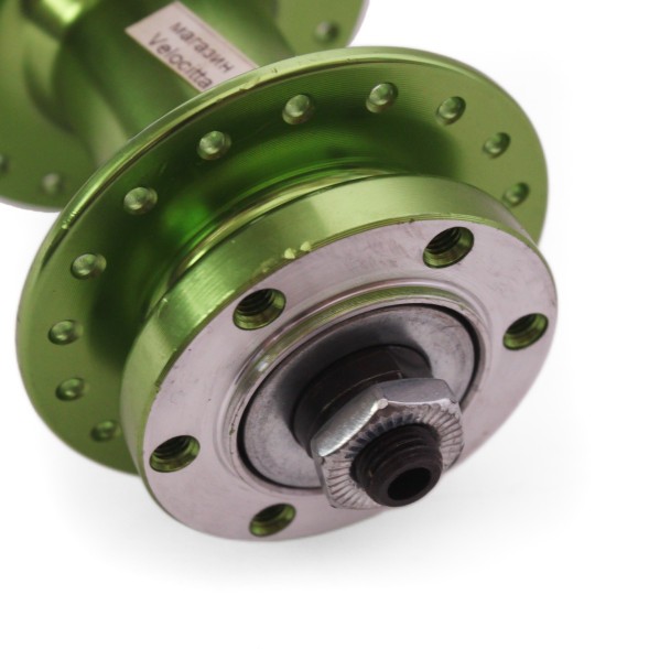 Веловтулка передняя Wang Zheng WZ-A208FQ green, алюминиевая, под диск 6 болтов, на эксцентрике, 36 отверстий, ось 3/8&amp;quot;х100x108 мм, б/уп.