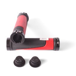 Ручки на велосипедный руль XH-G56R, 130 мм, с торцевой защитой, с зажимами, с красными алюм. кольцами