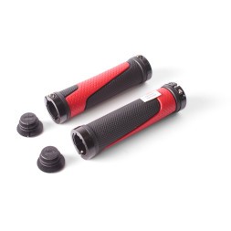 Ручки на велосипедный руль XH-G56R, 130 мм, с торцевой защитой, с зажимами, с красными алюм. кольцами