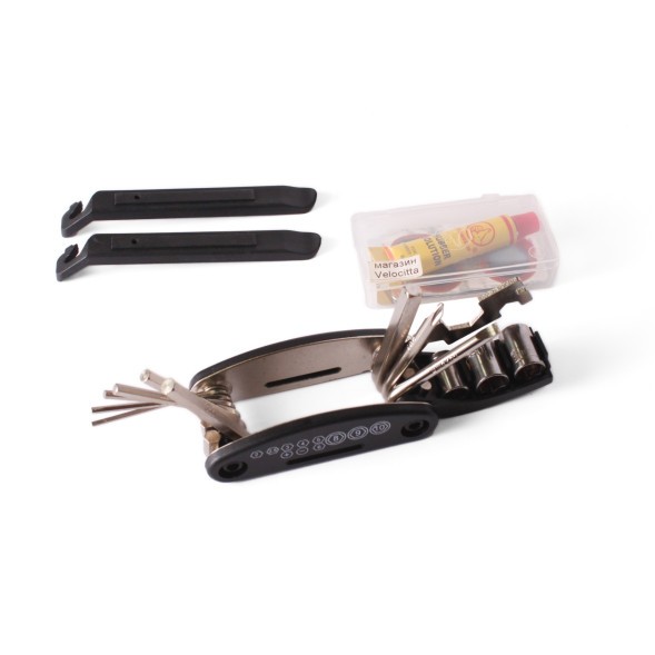 Набор велоинструментов Kenli KL-9809, шестигранники 2/2.5/3/4/5/6 мм, отвертка 2 шт, головки на 8/9/10 мм + ключ универсальный на 10/15, спицевой 14G, монтировки 2 шт, набор латок.