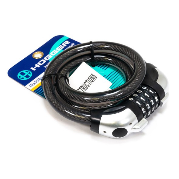 Велозамок Hogger GK101.714-КОД, трос стальной, кодовый, 15×930 мм, в пластиковой оболочке, с подсветкой кода, блистер