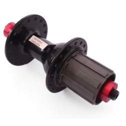 Втулка задняя A285RBQ-32, ROAD, ось M10x130x140 мм, алюминиевая, под кассету 8-11 ск., с эксцентриком, 32H, промподшипники, красно-черная, box