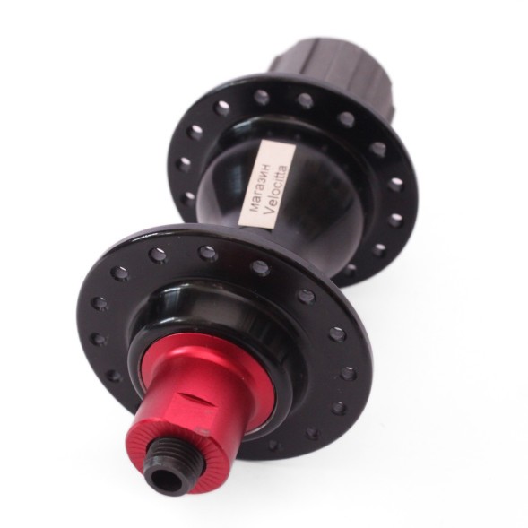 Втулка задняя A285RBQ-32, ROAD, ось M10x130x140 мм, алюминиевая, под кассету 8-11 ск., с эксцентриком, 32H, промподшипники, красно-черная, box