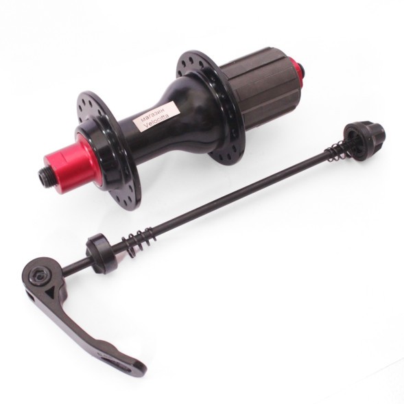 Втулка задняя A285RBQ-32, ROAD, ось M10x130x140 мм, алюминиевая, под кассету 8-11 ск., с эксцентриком, 32H, промподшипники, красно-черная, box