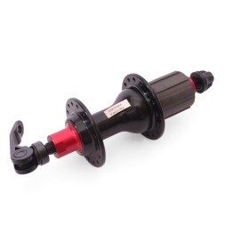 Втулка задняя A285RBQ-32, ROAD, ось M10x130x140 мм, алюминиевая, под кассету 8-11 ск., с эксцентриком, 32H, промподшипники, красно-черная, box