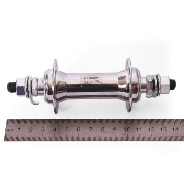 Втулка передняя 16 F-10G silver, стальная, ось 3/8&amp;quot;х100x140 мм, под V-brake, с гайками, 36 отверстий 10G под усиленную спицу, хромированная