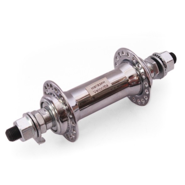 Втулка передняя 16 F-10G silver, стальная, ось 3/8&amp;quot;х100x140 мм, под V-brake, с гайками, 36 отверстий 10G под усиленную спицу, хромированная