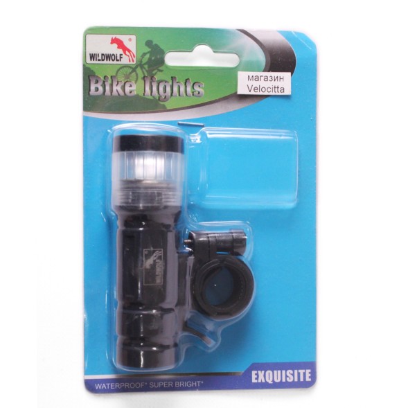 Фара велосипедная WildWolf, передняя, 1 Super LED, AAAx3, черный, инд. упаковка