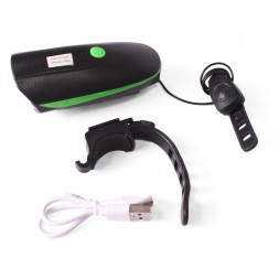 Фара велосипедная KMS, передняя, с сигналом, USB, CREE LED, 250lm/140db, 3 функции, влагозащита, комплект батареек, зеленый