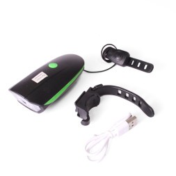 Фара велосипедная KMS, передняя, с сигналом, USB, CREE LED, 250lm/140db, 3 функции, влагозащита, комплект батареек, зеленый