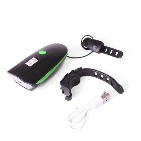 Фара велосипедная KMS, передняя, с сигналом, USB, CREE LED, 250lm/140db, 3 функции, влагозащита, комплект батареек, зеленый