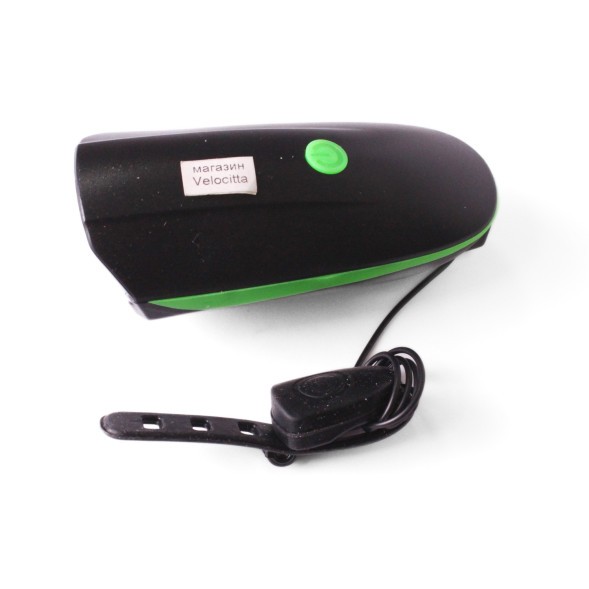 Фара велосипедная KMS, передняя, с сигналом, USB, CREE LED, 250lm/140db, 3 функции, влагозащита, комплект батареек, зеленый