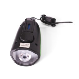 Фара велосипедная KMS, передняя, с сигналом, USB, CREE LED, 250lm/140db, 3 функции, влагозащита, комплект батареек, зеленый